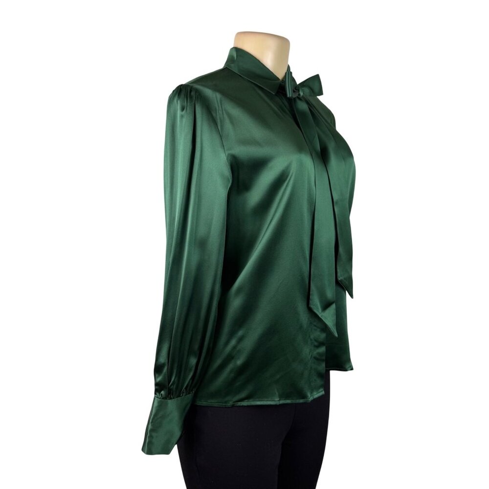 LilySilk Womens Green Mulberry Silk Bow-Tie Blouse Satin Button Cuffs Sz M - Picture 2 of 12